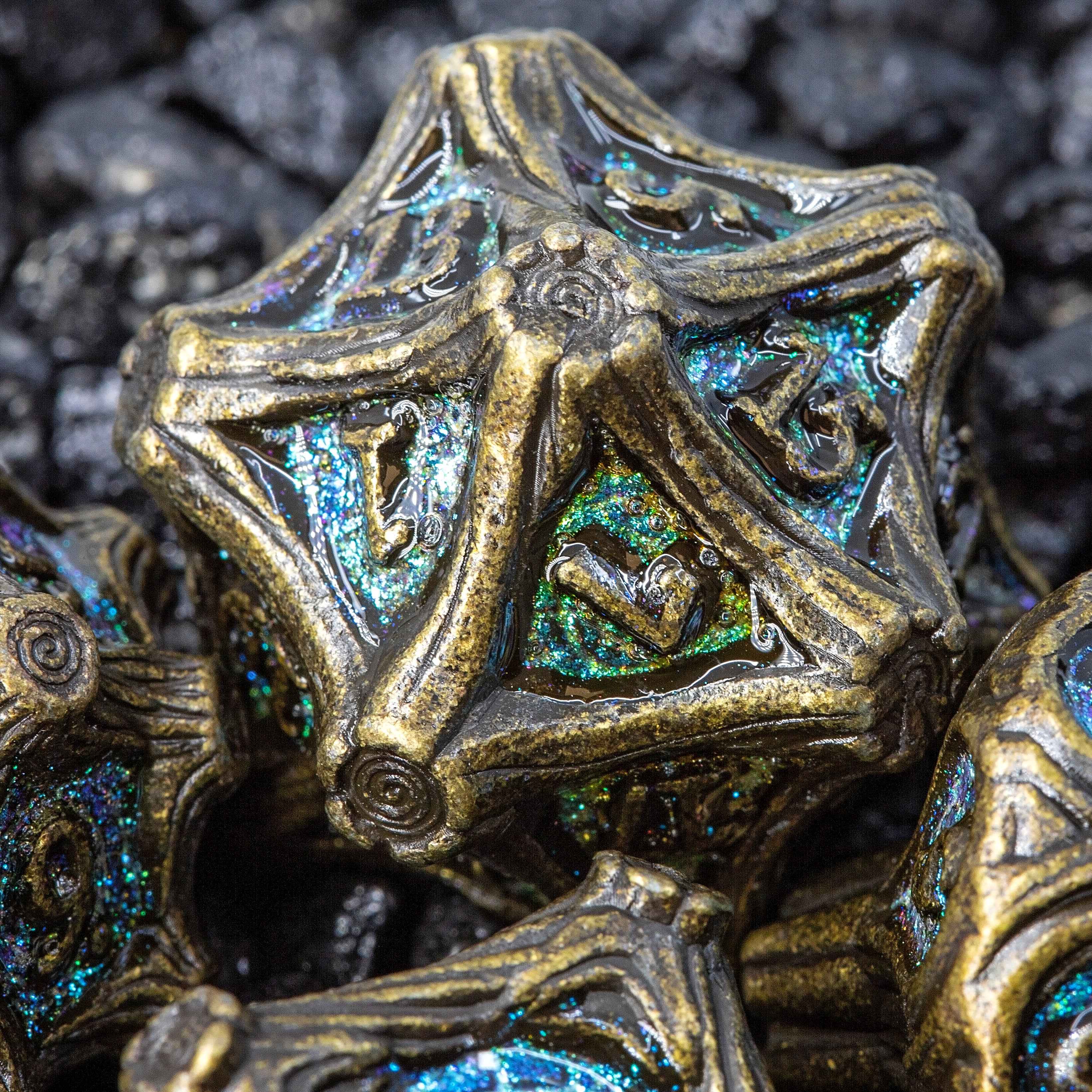 Tree Branch Metal DND Dice Set | Sage’s Petrified Groves Brinewood | Antique Gold & Aqua Themed Druid Dice