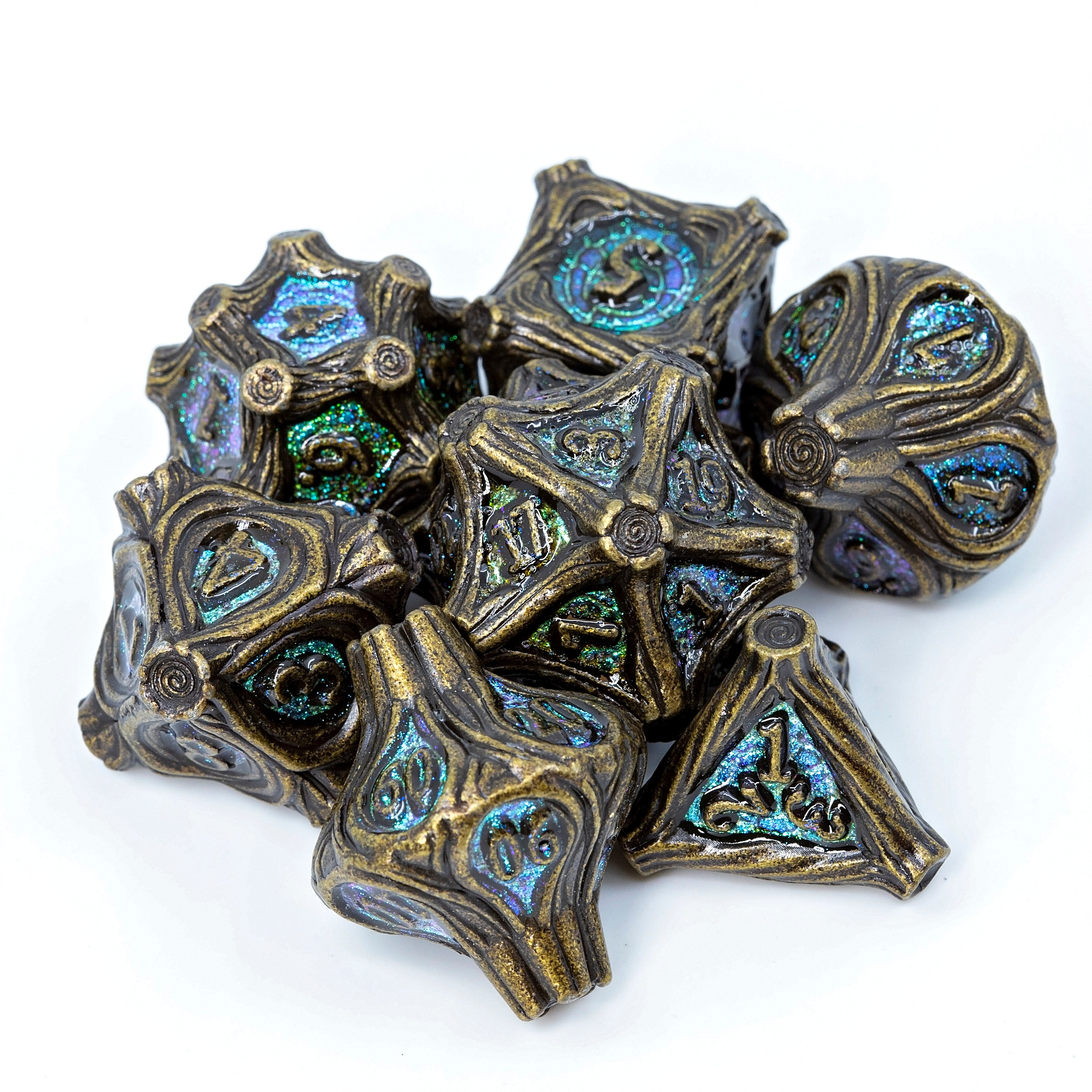 Tree Branch Metal DND Dice Set | Sage’s Petrified Groves Brinewood | Antique Gold & Aqua Themed Druid Dice