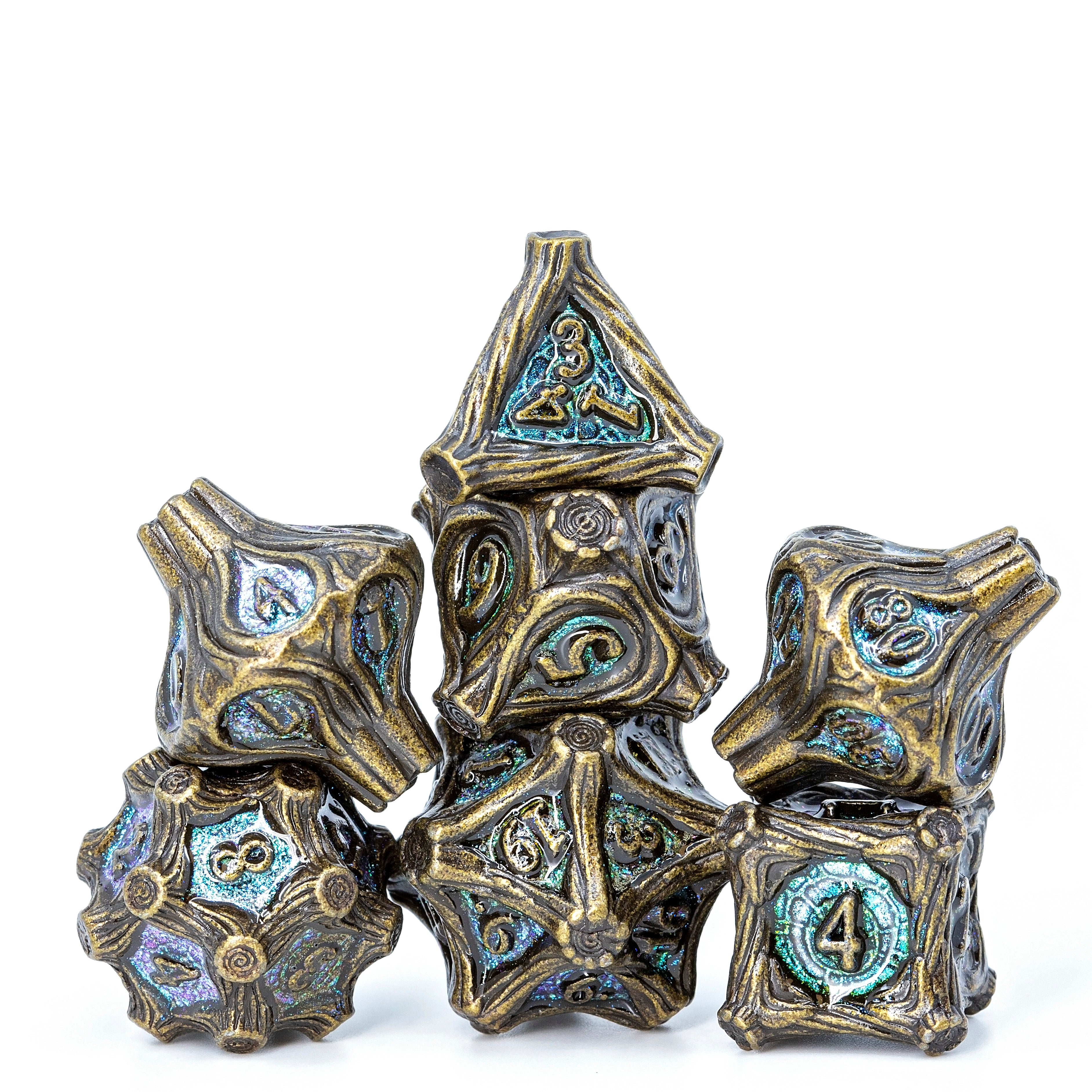 Tree Branch Metal DND Dice Set | Sage’s Petrified Groves Brinewood | Antique Gold & Aqua Themed Druid Dice