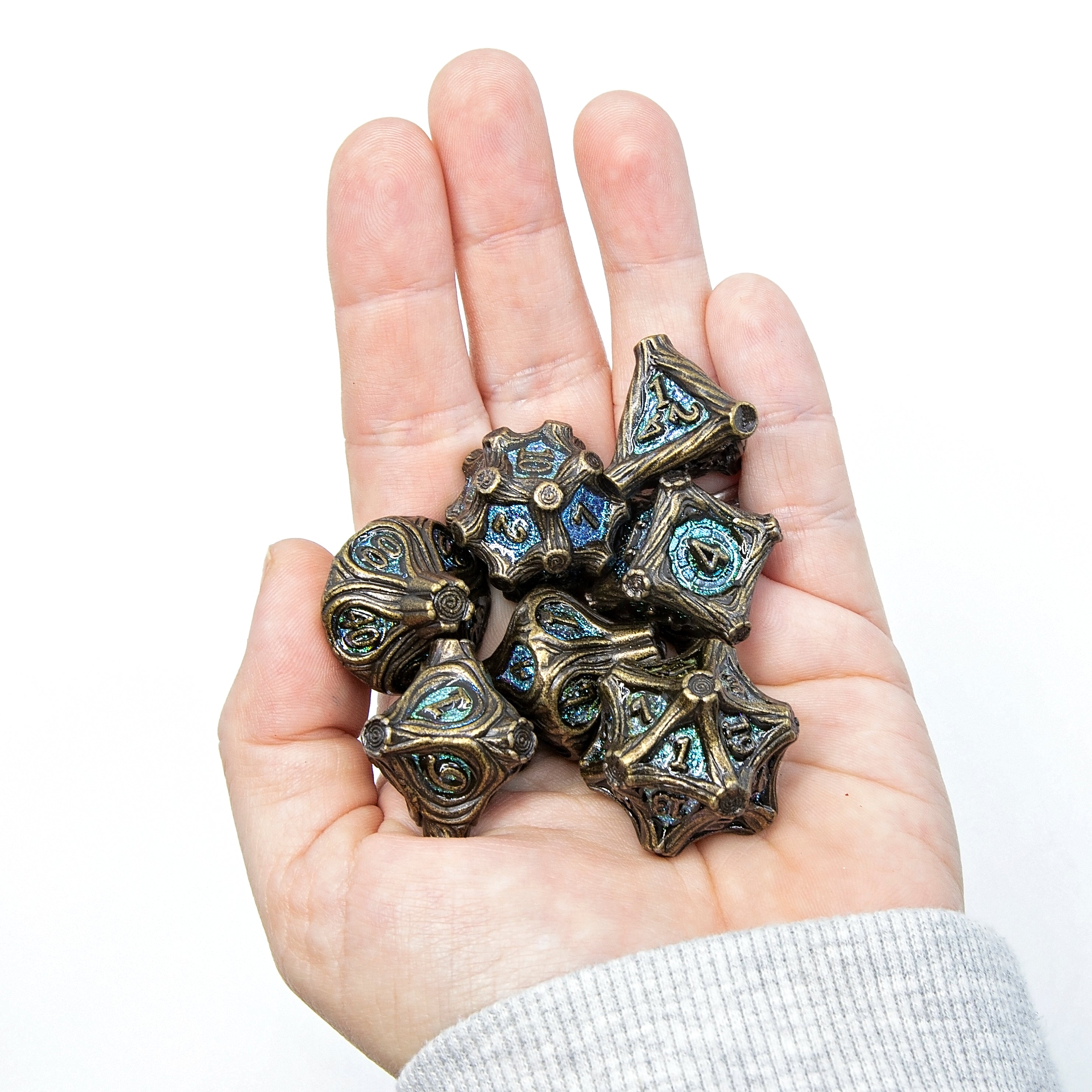 Tree Branch Metal DND Dice Set | Sage’s Petrified Groves Brinewood | Antique Gold & Aqua Themed Druid Dice