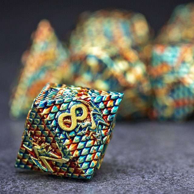 Sage's Dragonscales Green/Red/Gold Metal Polyhedral Dice Set image 5