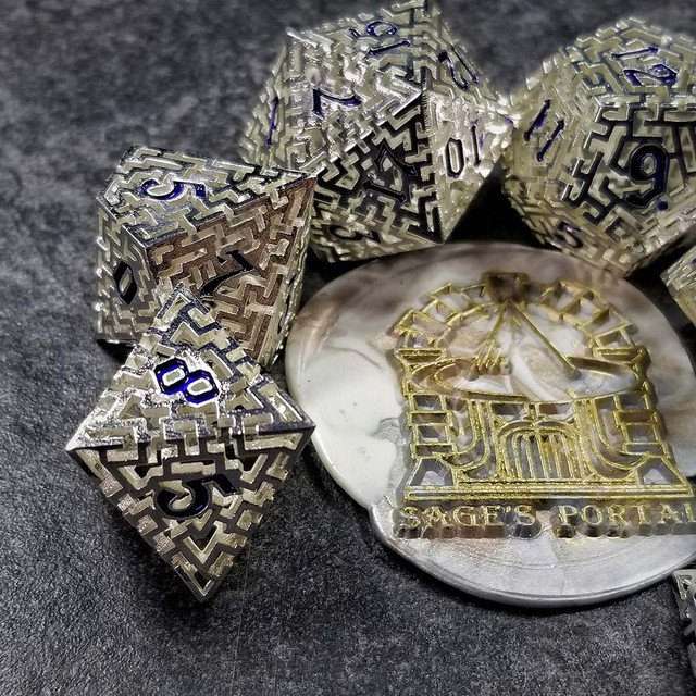 Sage's Labyrinths - Silver Weave Blue Ink Hollow Metal Polyhedral Dice Set image 32