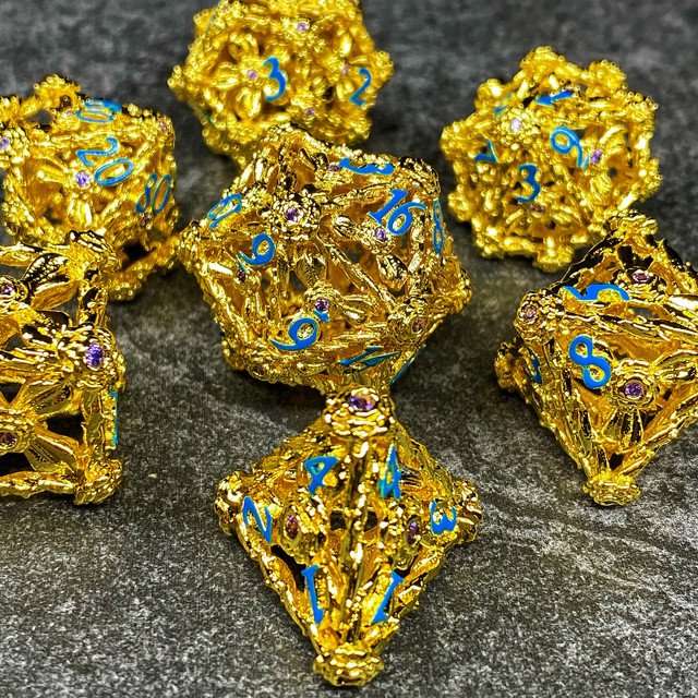 Sage's Gilded Rose Hollow Metal Polyhedral Dice Set image 0
