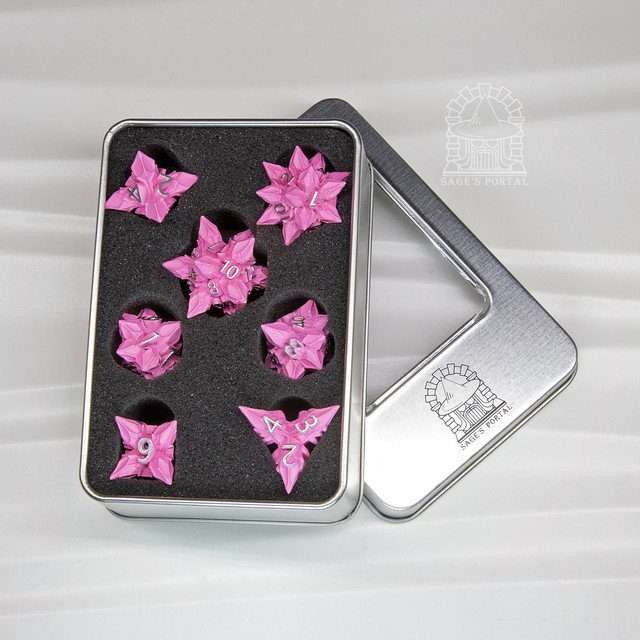 Sage's Deadly Blossoms Painted Pink Metal Polyhedral Dice Set image 11