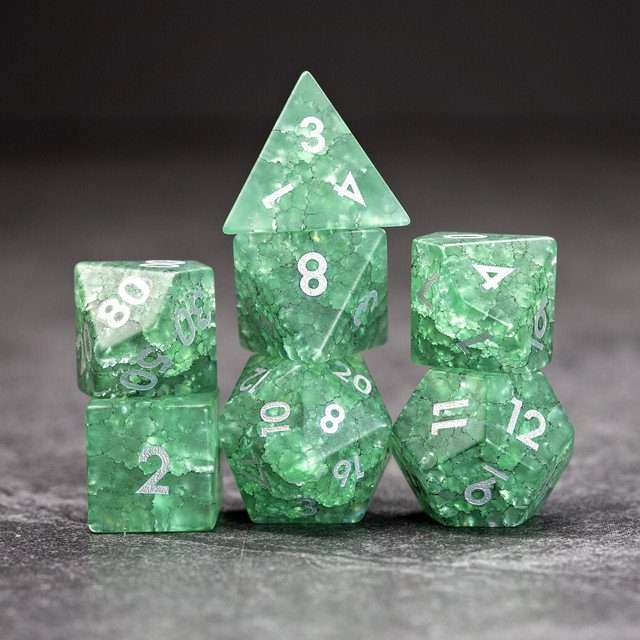 Sage's Kaleidoscopes Green/Mica Cracked Glass Frosted Finish Polyhedral Dice Set image 7