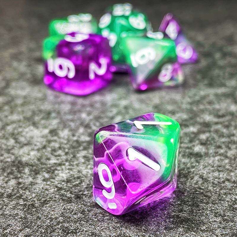 Sage's Capsules - Transparent Purple/Green Acrylic Polyhedral Dice Set image 5
