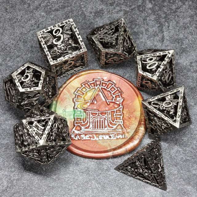 Sage's Dragonstones - Chained Noble Dragon Nickel Silver Hollow Metal Polyhedral Dice Set image 9