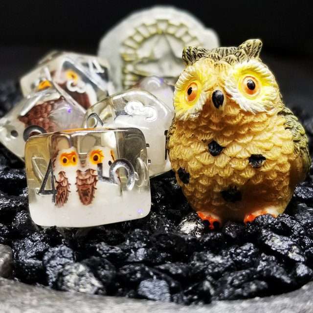 Sage's Baby Owl Familiar Resin Polyhedral Dice Set image 0