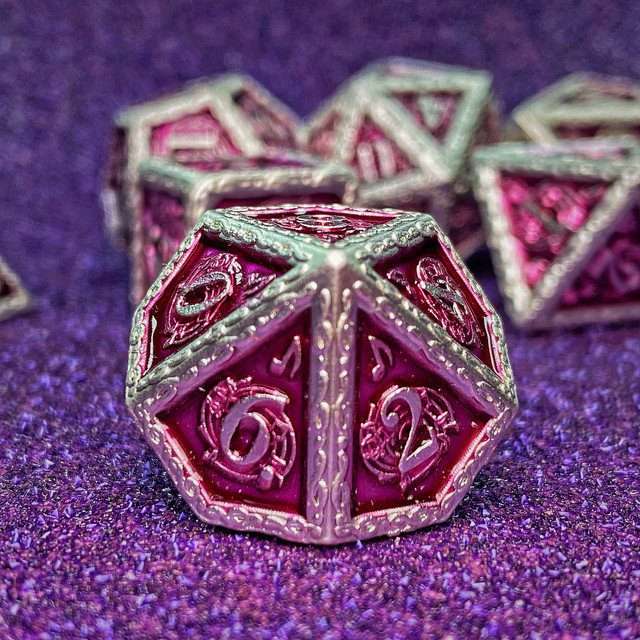 Sage's Anthems - Pearl Silver and Purple Metal Polyhedral Dice Set image 21