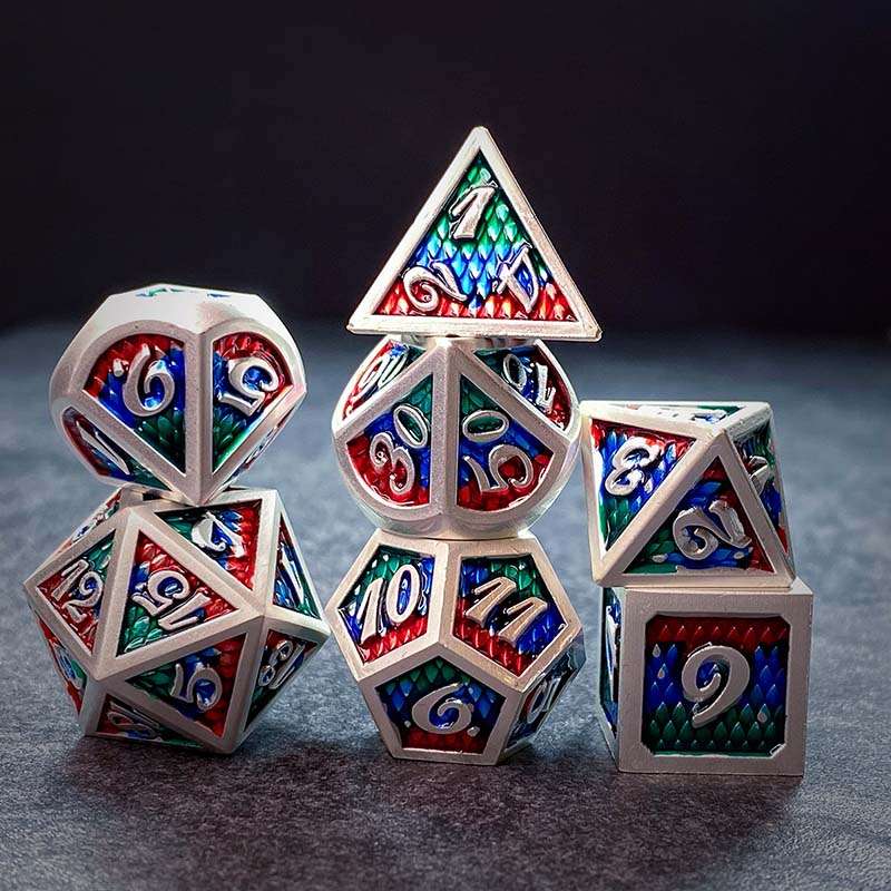 Sage's Dragonstones - Pearl Silver Chromatic Scales Metal Polyhedral Dice Set image 1