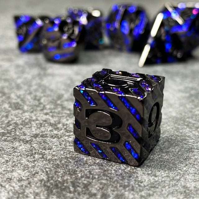 Sage's Dimension Stones - Dark Silver Glitter Blue Stripes Black Ink Metal Polyhedral Dice Set image 7