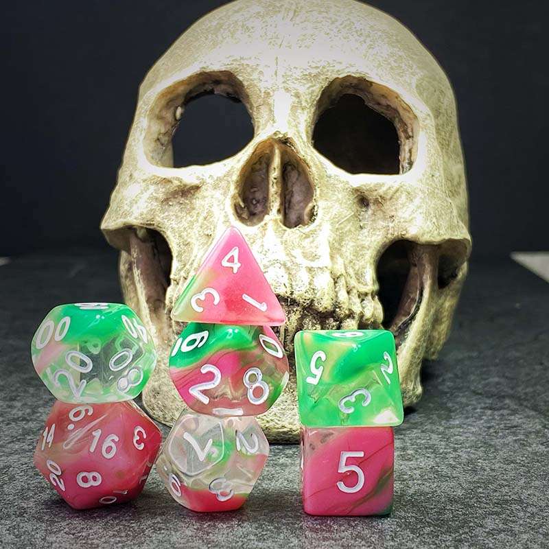 Sage's Capsules - Half Transparent Pink/Green Acrylic Polyhedral Dice Set image 9
