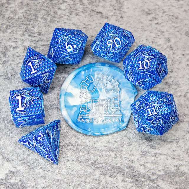 Sage's Dragonscales Blue/Silver Metal Polyhedral Dice Set image 8