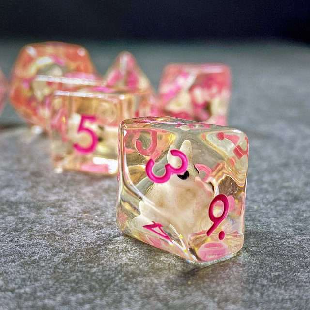 Sage's Familiars- Bunny Familiar Resin Pink Polyhedral Dice Set image 6
