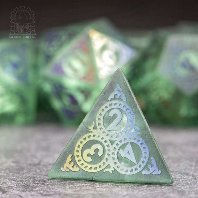 Sage's Glyphed Green Cracked Glass Frosted Finish Polyhedral Dice Set image 7