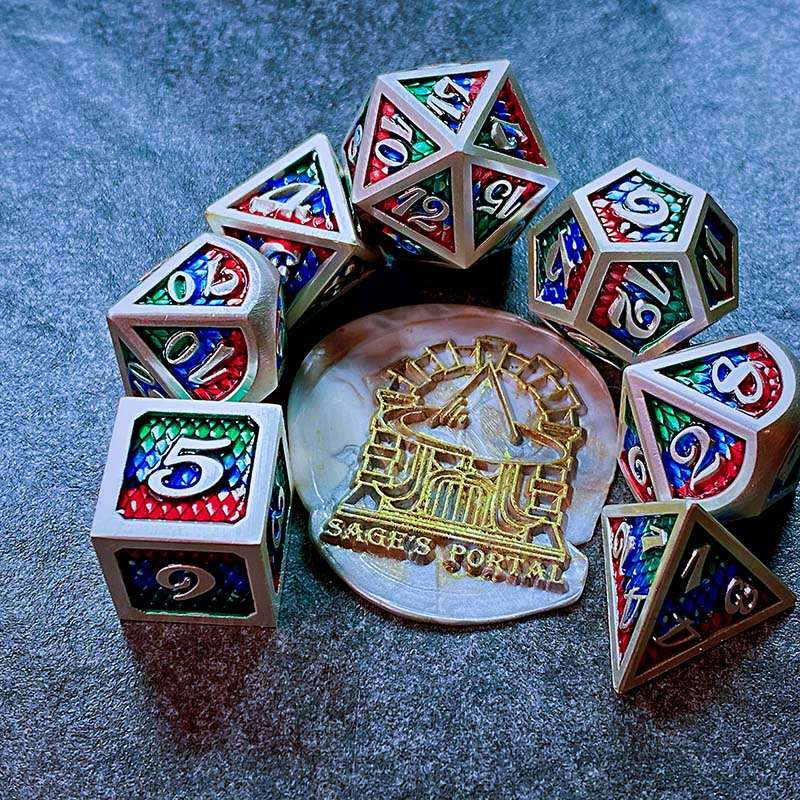 Sage's Dragonstones - Pearl Silver Chromatic Scales Metal Polyhedral Dice Set image 0