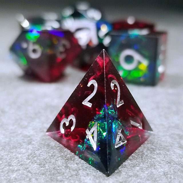 Sage's Enchanted Crystals Red/Green Holo Foil Silver Ink Sharp Edge Resin Polyhedral Dice Set image 4