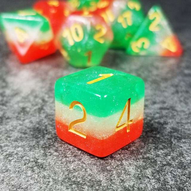 Sage’s Cantrips - Red/White/Green Watermelon Resin Polyhedral Dice Set image 3