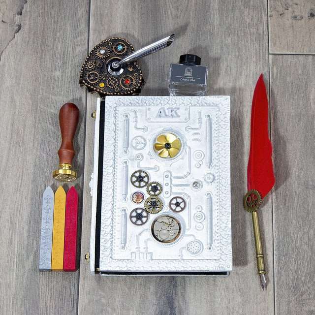 Sage's Gnomish White Notebook Gift Set | Handmade Notebook for TTRPG, Sketchbook, Diary image 1