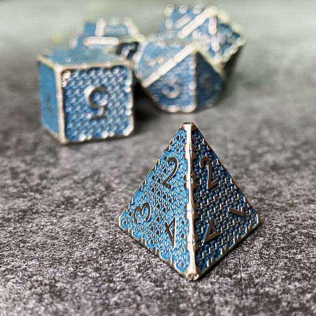 Sage's Hounds - Vintage Blue with Nickel Silver Metal Polyhedral Dice Set image 4