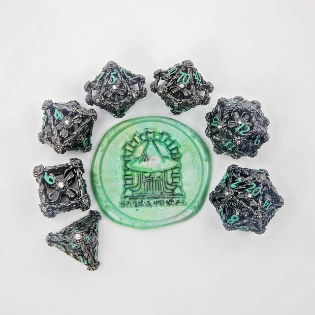 Sage's Tarnished Rose Hollow Metal Polyhedral Dice Set image 8