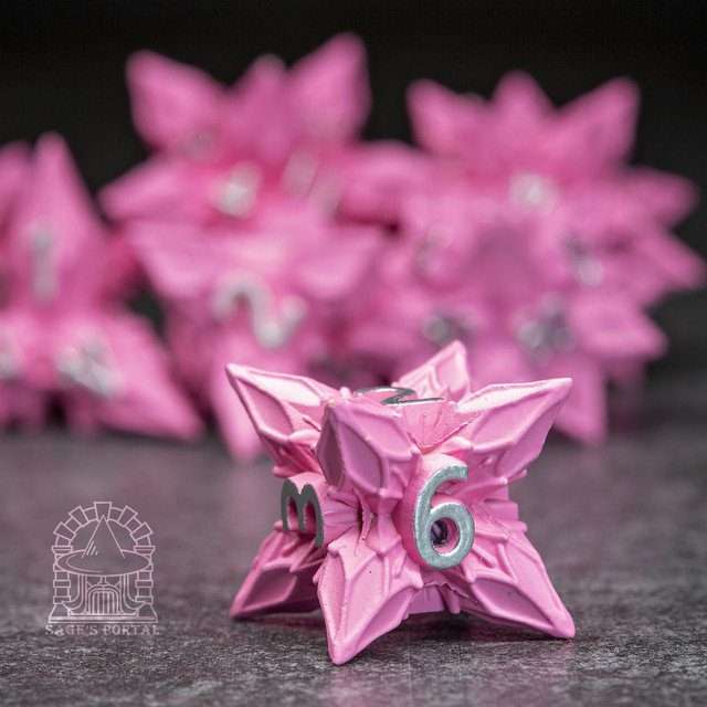 Sage's Deadly Blossoms Painted Pink Metal Polyhedral Dice Set image 6