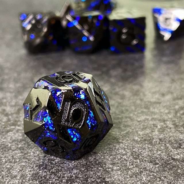 Sage's Dimension Stones - Dark Silver Glitter Blue Stripes Black Ink Metal Polyhedral Dice Set image 2