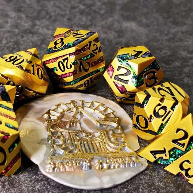 Sage's Dimension Stones - Gold Purple/Green Glitter Stripes Metal Polyhedral Dice Set image 10
