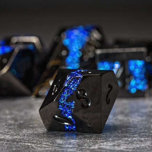 Sage's Rift Stones - Gloss Black Blue Metal Polyhedral Dice Set image 4