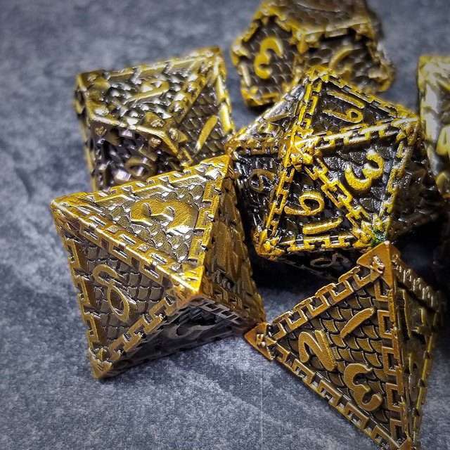 Sage's Dragonstones - Chained Drake Gold Black Metal Polyhedral Dice Set image 7
