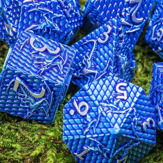 Sage's Dragonscales Blue/Silver Metal Polyhedral Dice Set image 9