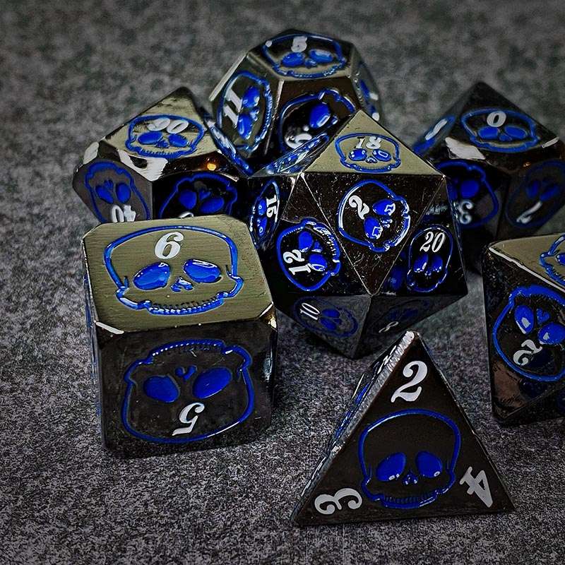 Sage's Grim's Fortunes - Gloss Black with Blue Metal Polyhedral Dice Set image 7