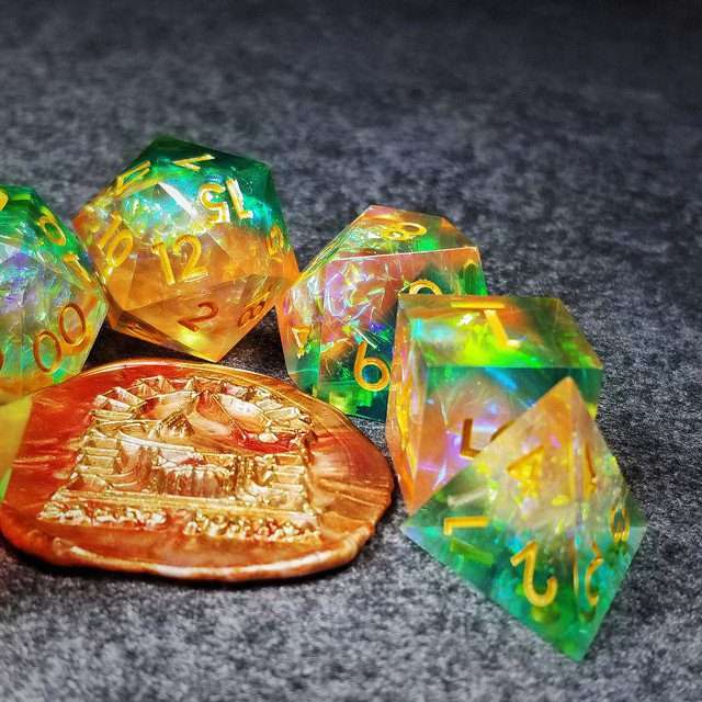 Sage's Enchanted Crystals Green/Peach Gold Ink Sharp Edge Resin Dice Set image 12