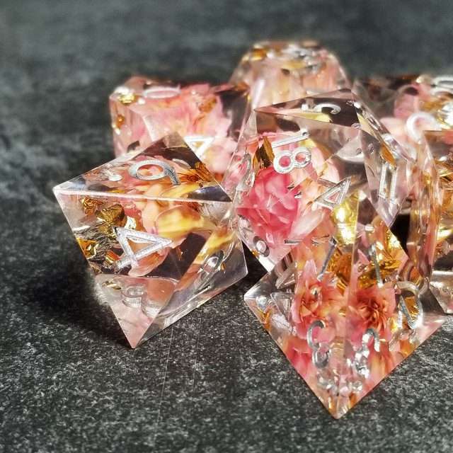 Sage’s Enchanted Flower Pink Sharp Edge Resin Polyhedral Dice Set image 2