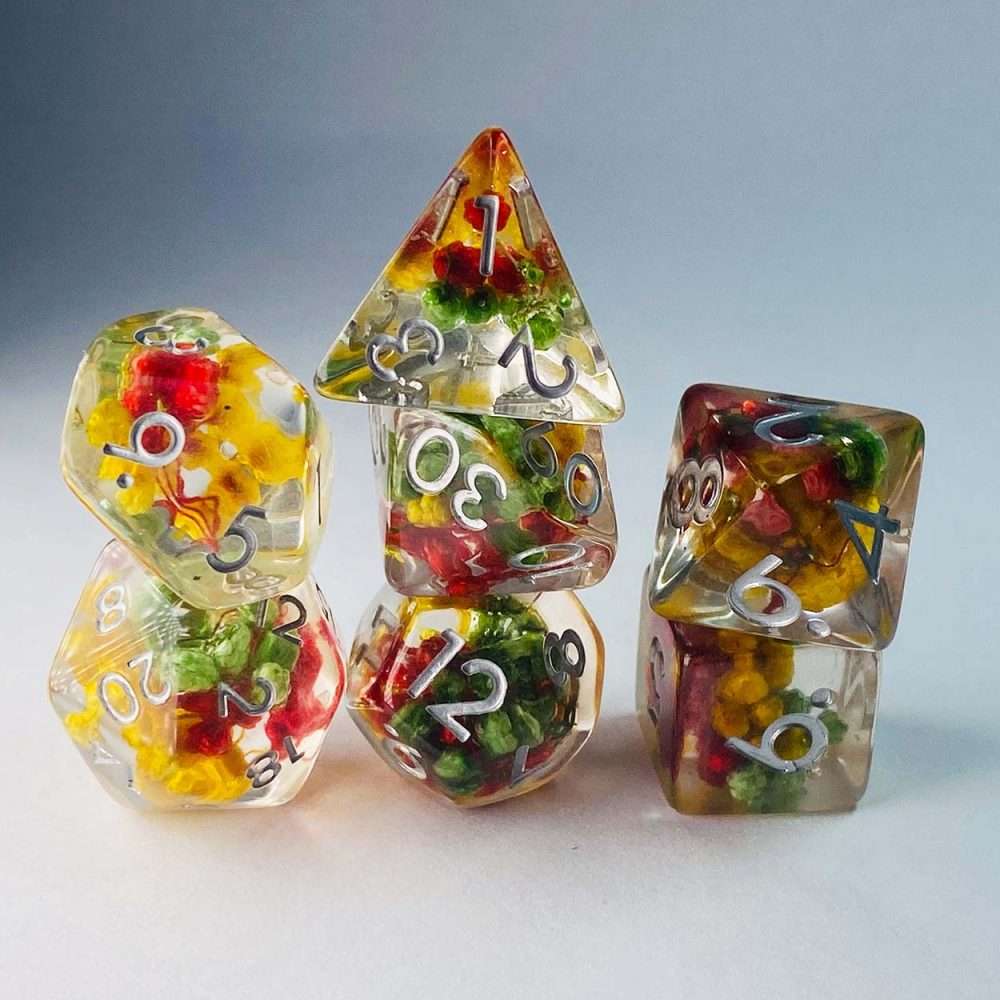 Sage's Cantrips - Transparent Red/Yellow/Green Flowers Resin Polyhedral Dice Set image 7
