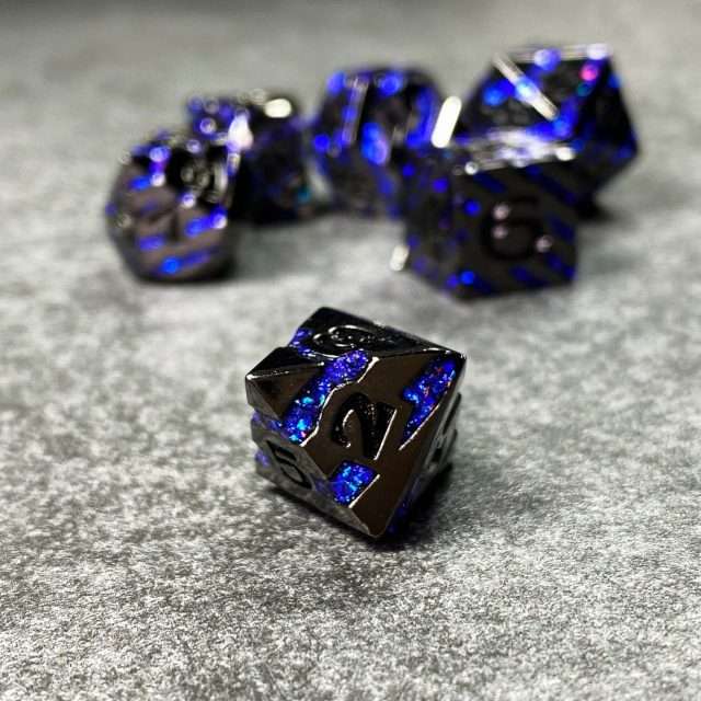 Sage's Dimension Stones - Dark Silver Glitter Blue Stripes Black Ink Metal Polyhedral Dice Set image 6