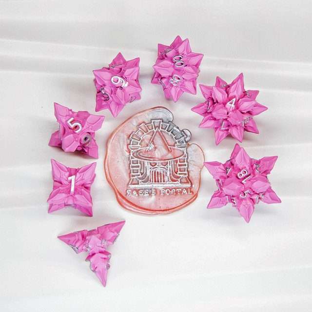 Sage's Deadly Blossoms Painted Pink Metal Polyhedral Dice Set image 8