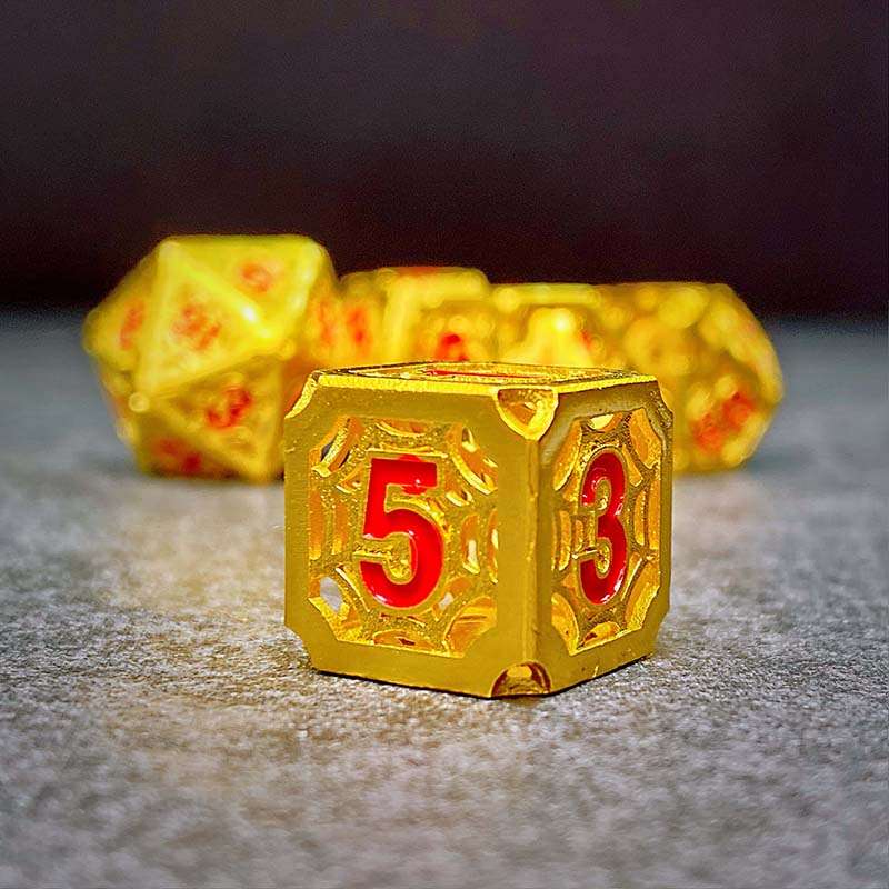 Sage's Gnomish Trinkets - Hollow Gold Spider Trinket Red Ink Metal Polyhedral Dice Set image 6
