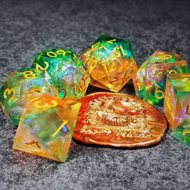 Sage's Enchanted Crystals Green/Peach Gold Ink Sharp Edge Resin Dice Set image 11