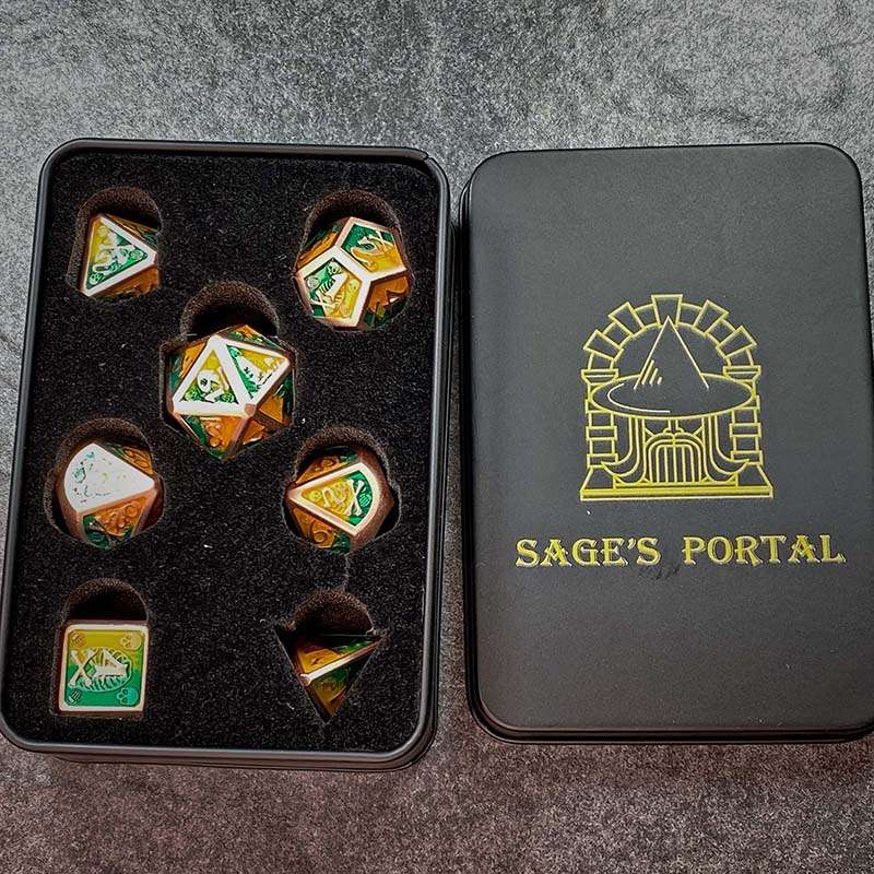 Sage's Grim's Fortunes - Bronze Peach/Green Skull-Bones Metal Polyhedral Dice Set image 10