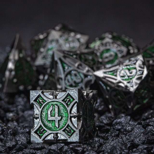 Sage's Runic Caltrops Black/Green Metal Polyhedral Dice Set image 7
