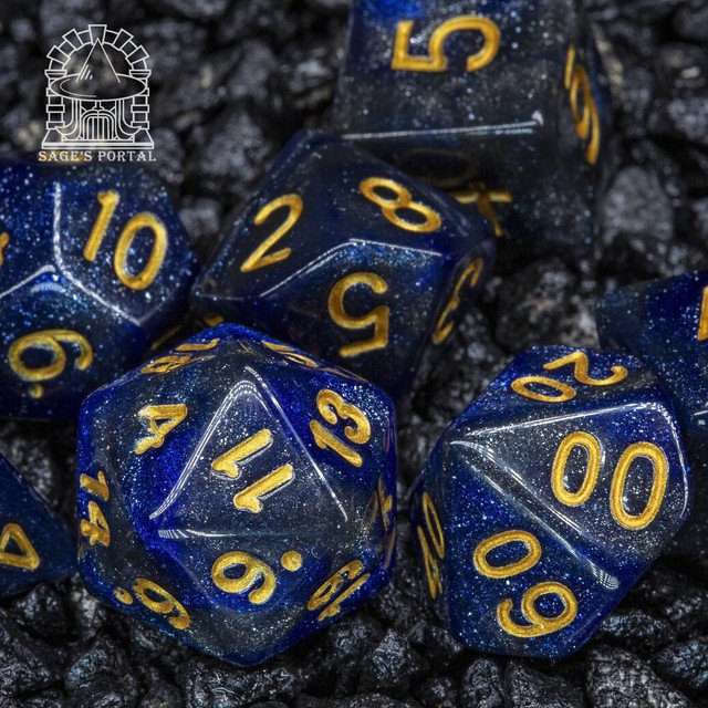 Sage's Shards - Blue/Purple Glitter Gold Ink Polyhedral Dice Set image 0
