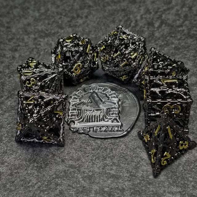 Chained Death Black/Gold Hollow Metal Polyhedral Dice Set image 10