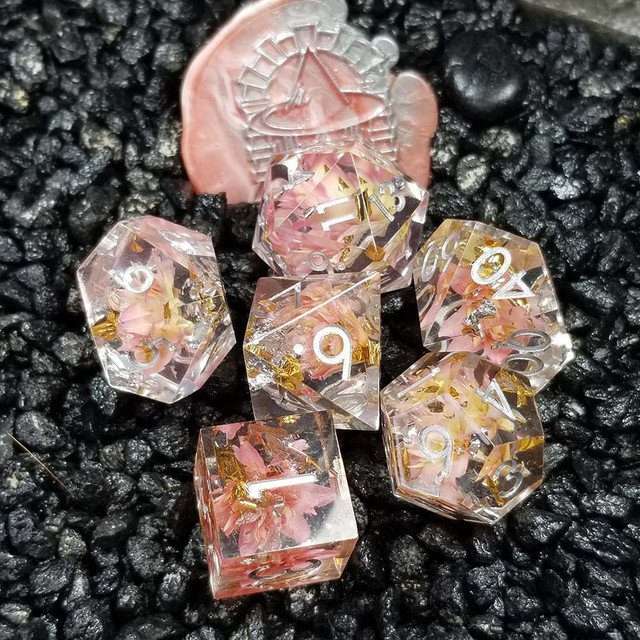 Sage’s Enchanted Flower Pink Sharp Edge Resin Polyhedral Dice Set image 17