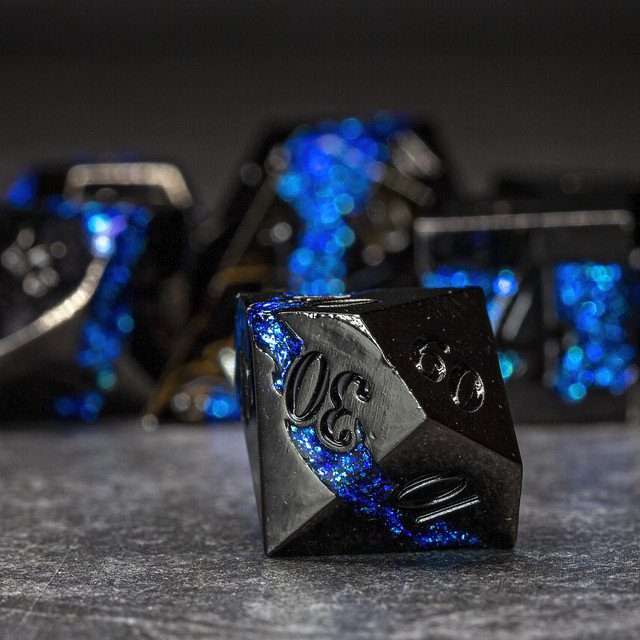 Sage's Rift Stones - Gloss Black Blue Metal Polyhedral Dice Set image 3
