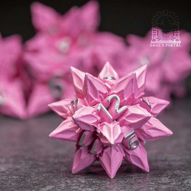 Sage's Deadly Blossoms Painted Pink Metal Polyhedral Dice Set image 2