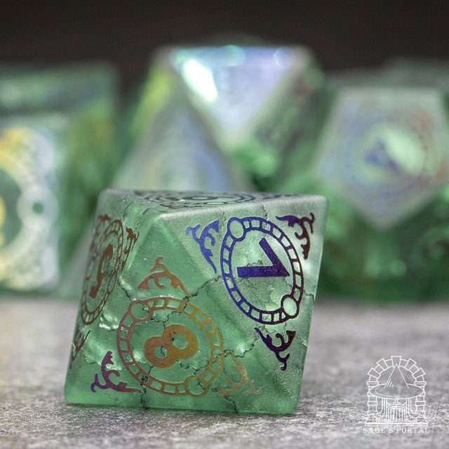 Sage's Glyphed Green Cracked Glass Frosted Finish Polyhedral Dice Set image 5
