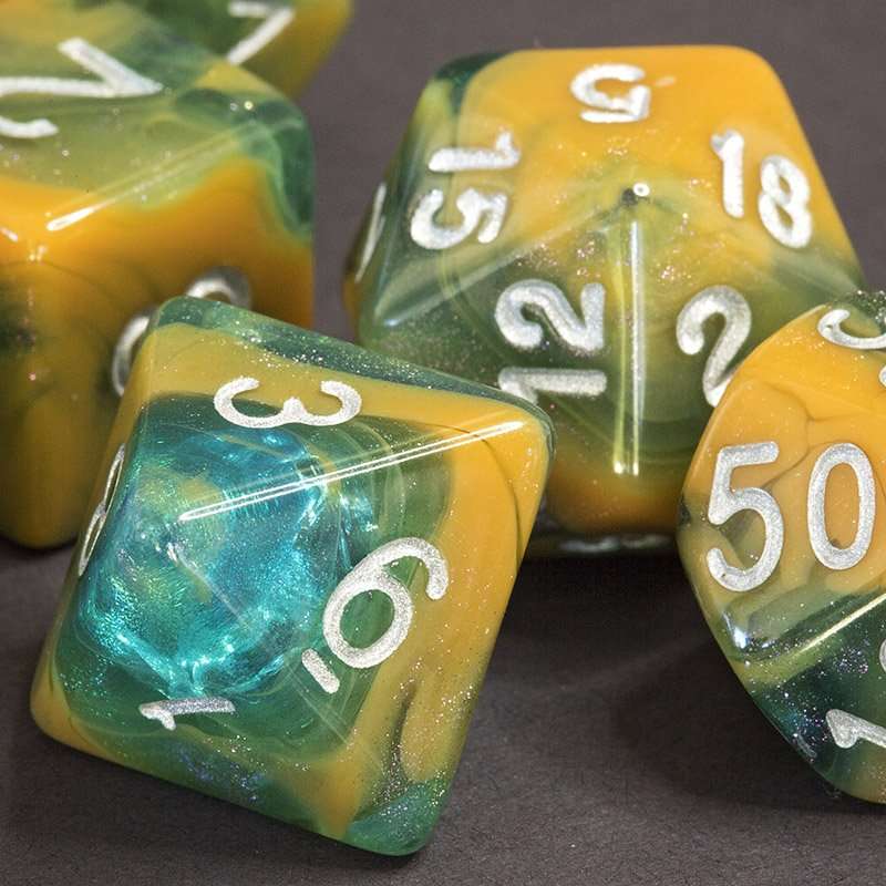 Sage's Shards - Caramel/Green/Turquoise Glitter and Silver Ink Acrylic Polyhedral Dice Set image 11