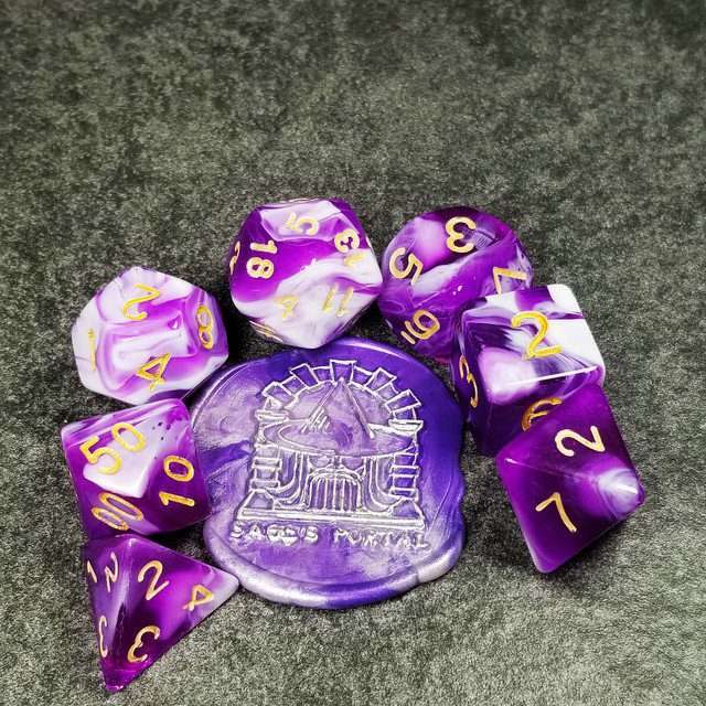 Sage's Stones - Purple/White Gold Ink Acrylic Polyhedral Dice Set image 1