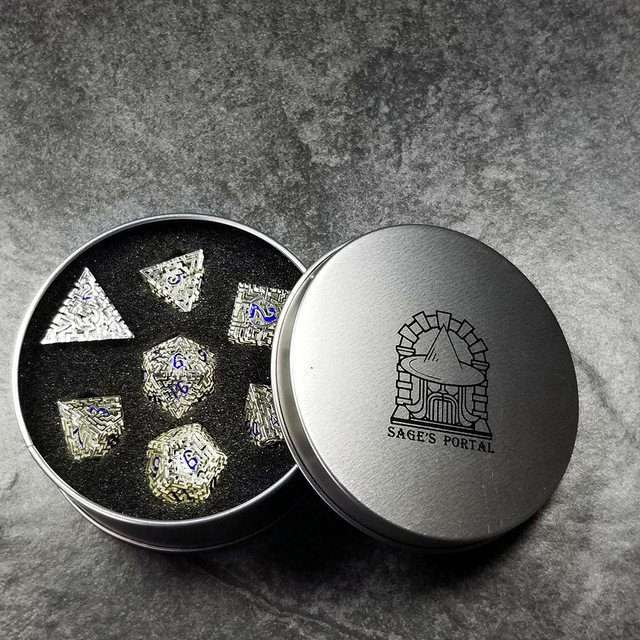 Sage's Labyrinths - Silver Weave Blue Ink Hollow Metal Polyhedral Dice Set image 38